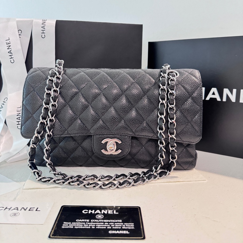 CHANEL - Classic Medium Flap, Caviar Black Leather, Silver Hardware, Full Set